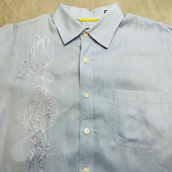 Nat Nast 100% Linen Shirt Mens L Blue Embroidered Long Sleeve Button Up Resort - Picture 1 of 10